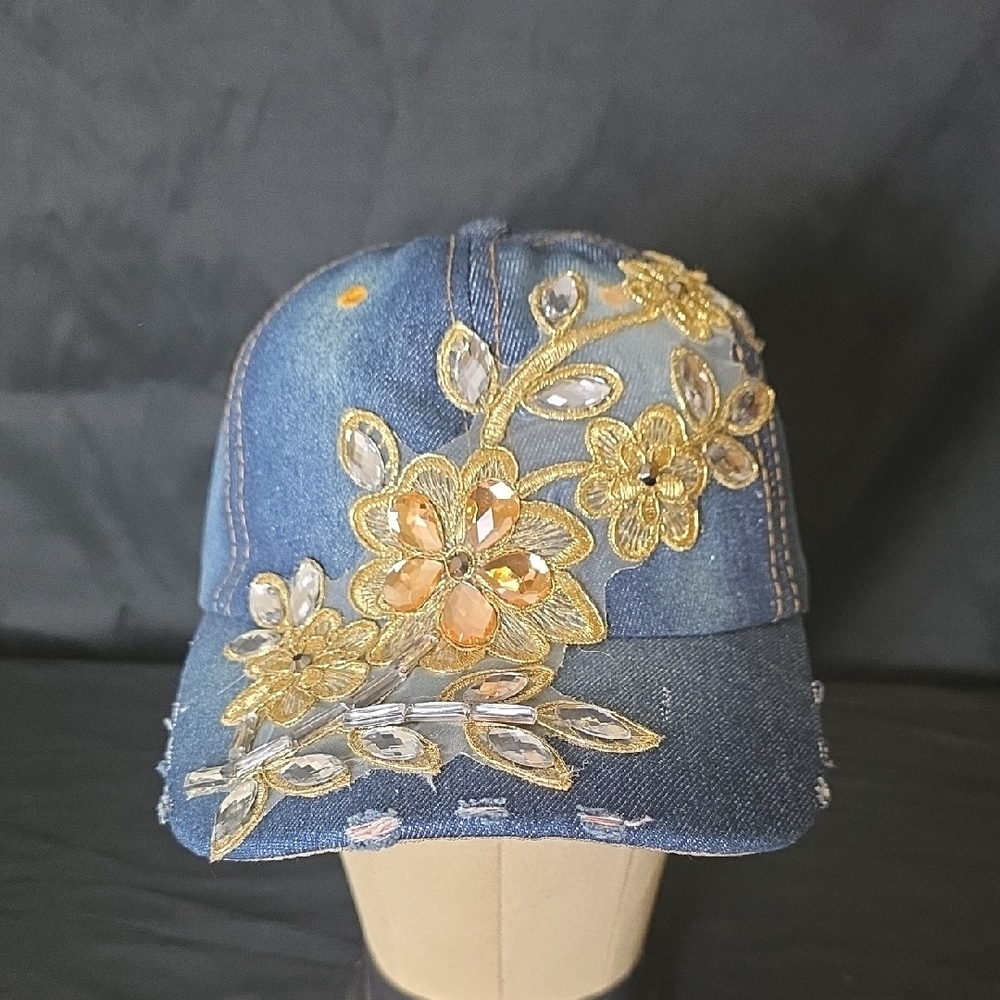 Embellished Denim Cap with Gold Floral Accents #207